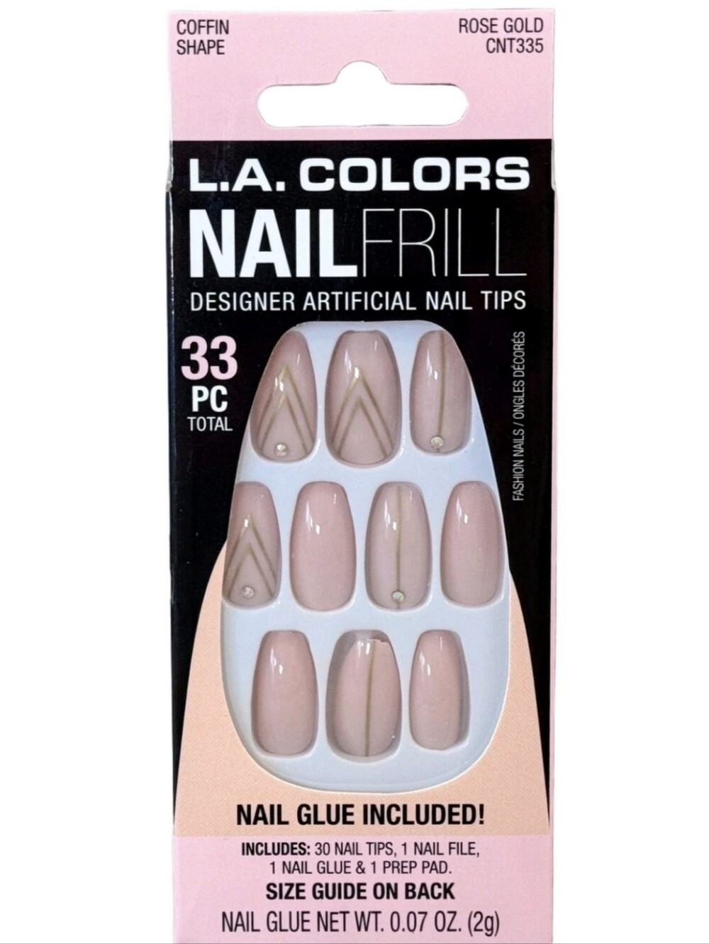 L.A. COLORS 33pc Nail Frill Nail Tips, Rose Gold, Coffin CNT335 Medium